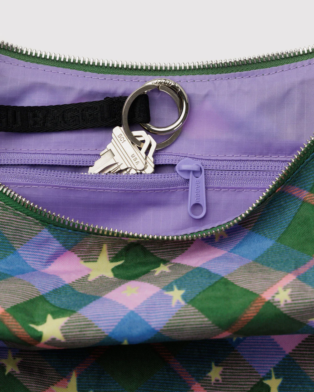 Green Star Plaid Medium Nylon Crescent Baggu - Image 2
