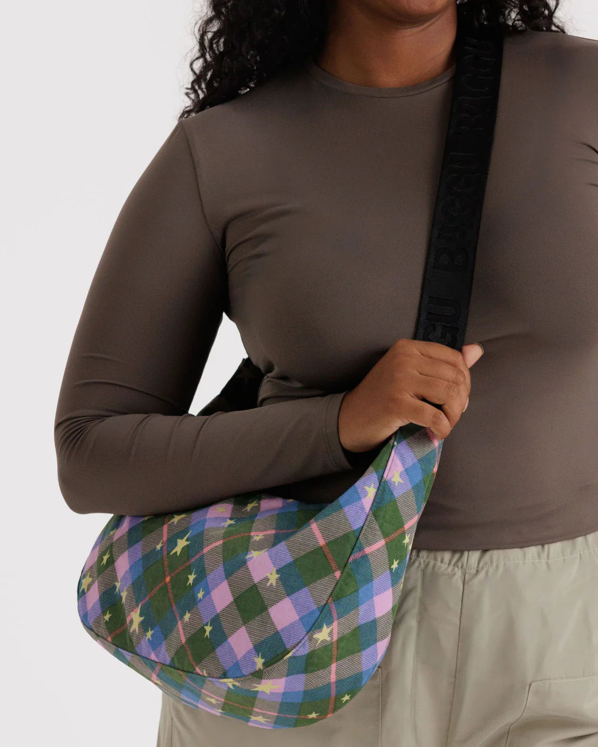 Green Star Plaid Medium Nylon Crescent Baggu - Image 3